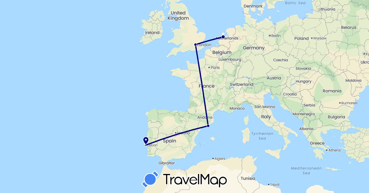 TravelMap itinerary: driving in Spain, United Kingdom, Netherlands, Portugal (Europe)